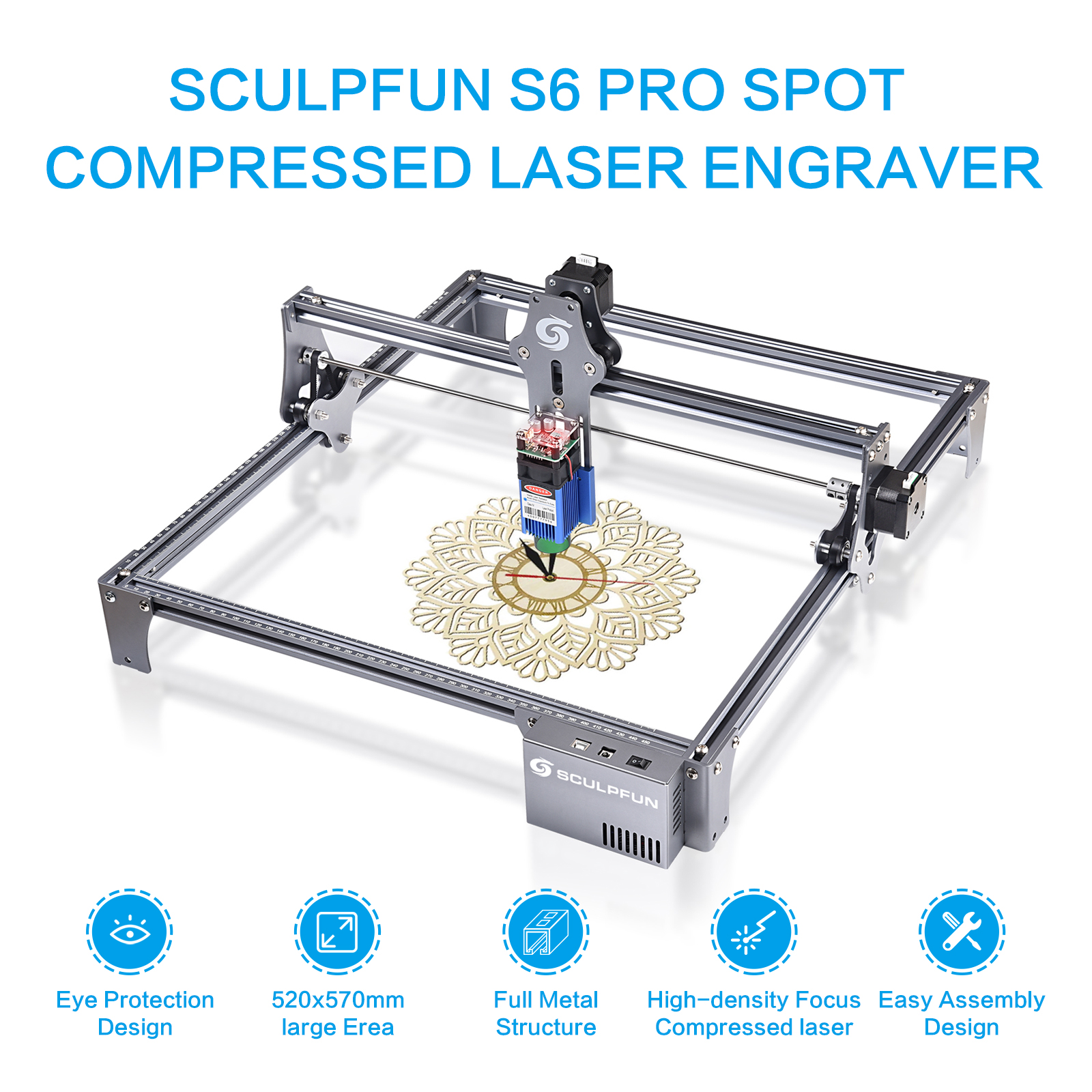 SCULPFUN S9 Laser Engraver, Wood Acrylic Laser Engraver Cutting Machine  Full Metal Structure, 410x420mm 